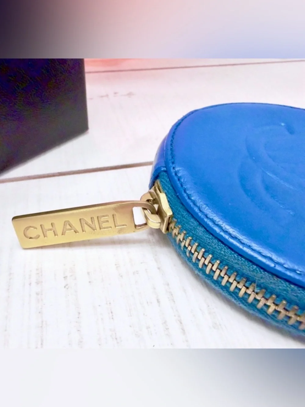 Rare Chanel Blue CC Logo Round Camellia Flower Lambskin Coin Purse Wallet